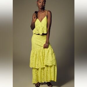 Anthropologie Maeve Chartreuse  Tiered Maxi Skirt size 6